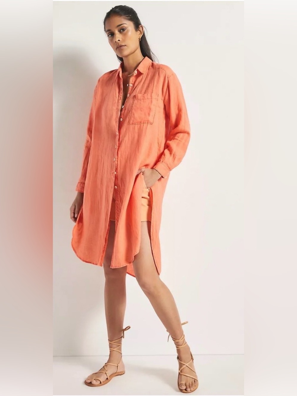 Anthropologie Relaxed Long Sleeve Button Down 100% Linen Tunic Coral